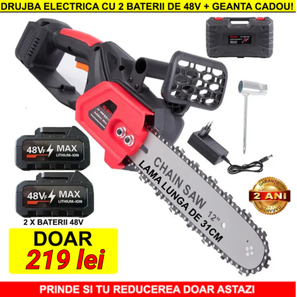 Drujba Electrica, Cu 1 x Lama 31 cm (12 INCH), 1 x Lant, 2 x Acumulator 48 V, Geanta De Transport CADOU