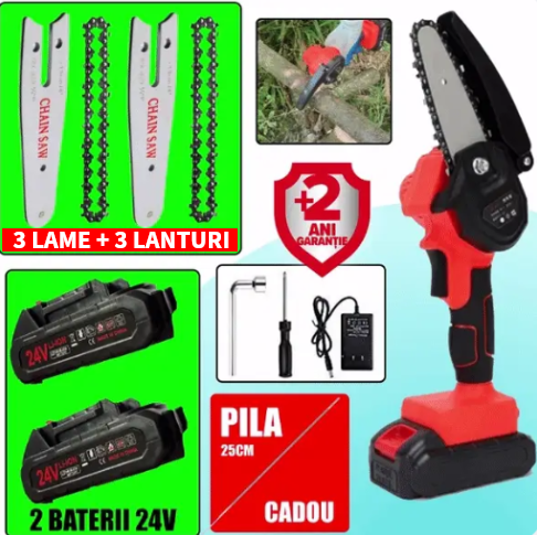 Lichidare STOC: Mini Fierastrau Electric Cu Acumulatori 24V, 2x Baterie + 3 x Lant + 3 x Lama 6 Inch + CADOU Pila 25cm + GEANTA Depozitare