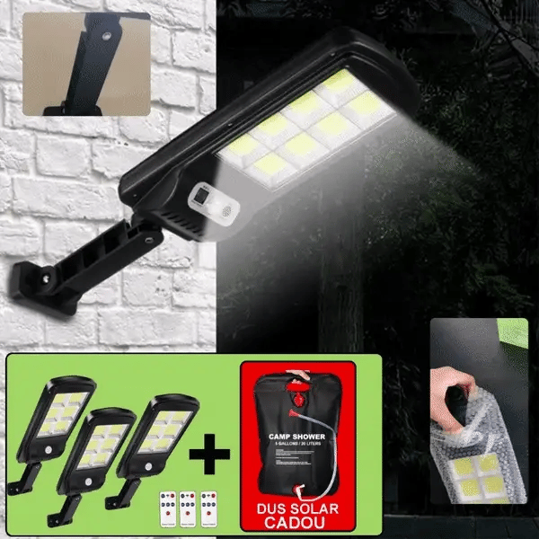 Set De 3 Lampi Solare, Cu Senzor De Miscare SI Telecomanda, 300W + CADOU Dus Solar 20 Litri
