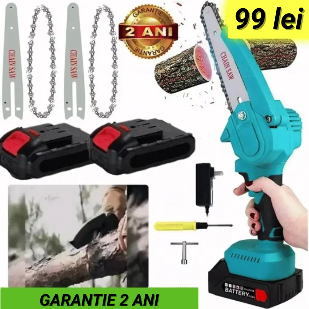 Lichidare STOC: Mini Fierastrau Electric Cu Acumulatori 48V, 2x Baterie + 2x Lant + 2x Lama, 6 Inch