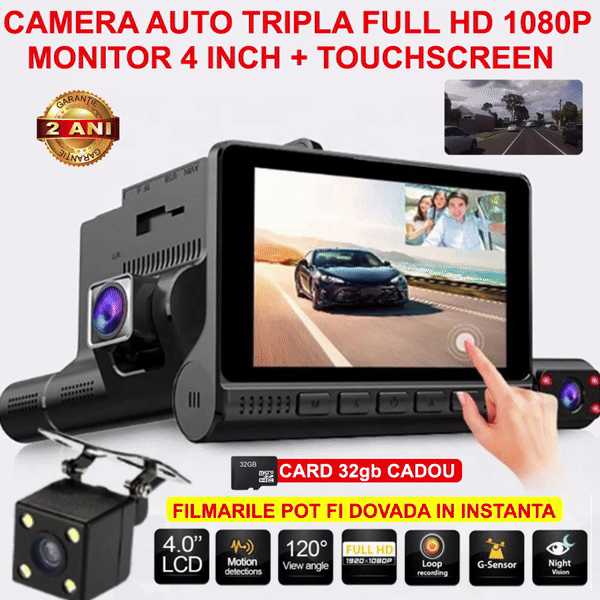 Camera auto TRIPLA Full HD cu monitor de 4 INCH pentru bord si unghi larg de filmare de 170 grade + Card 64GB
