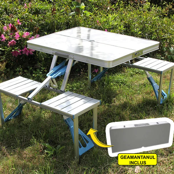 Masa Pliabila, Tip Geamantan, Cu 4 Scaune si Suport Umbrela, Din Aluminiu