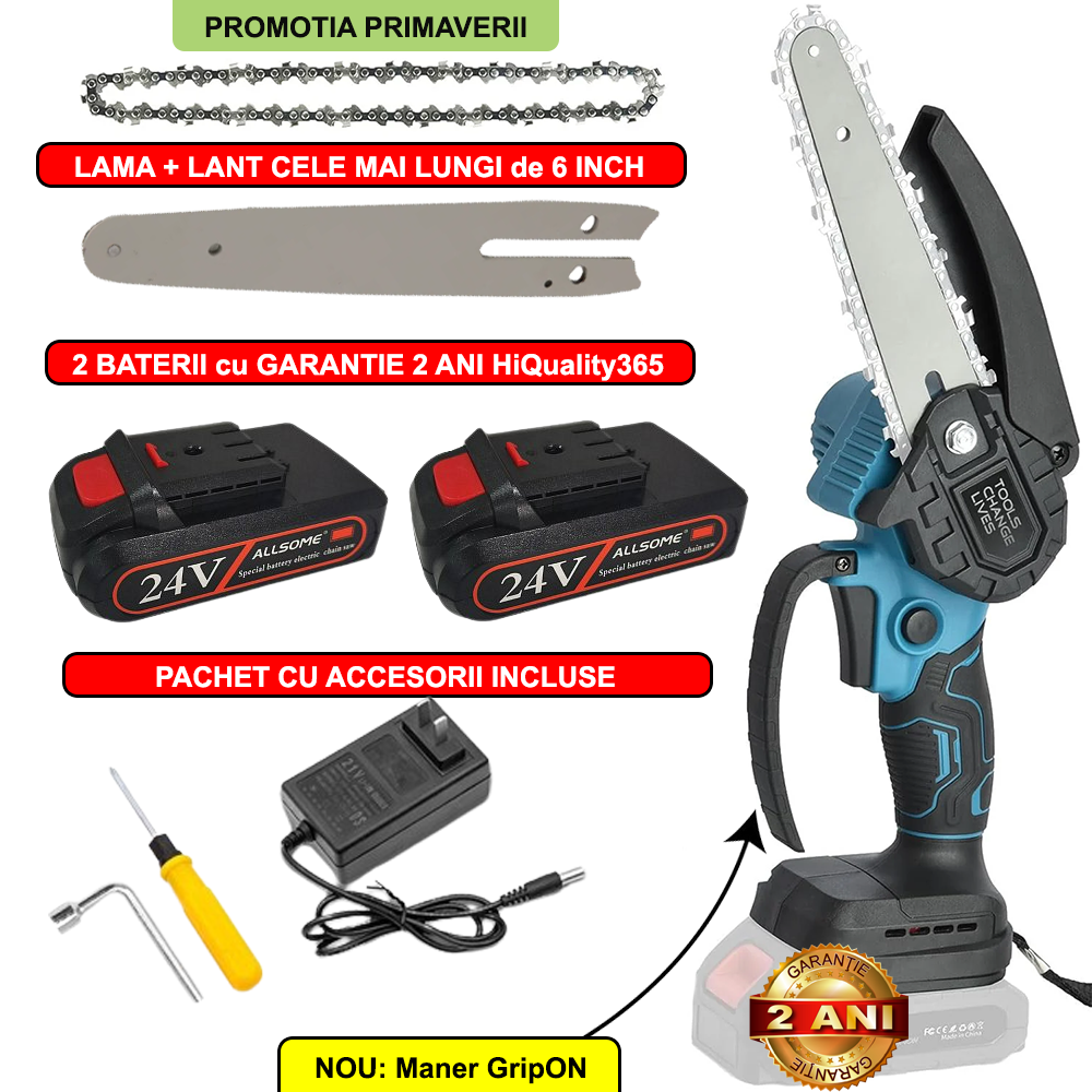 PACHET PROMO: Mini Fierastrau Electric Cu 2x Acumulatori + 1x Lant + 1x Lama, 6 Inch + Incarcator