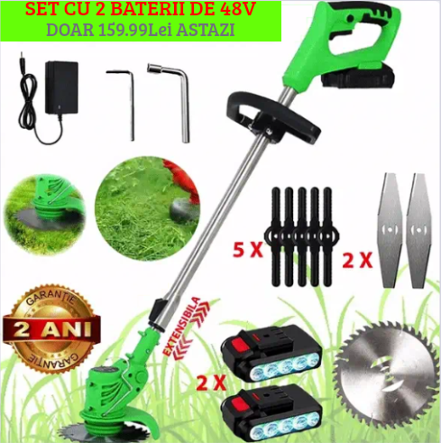 Motocoasa Gospodarul Eficient® Cu 2 BATERII de 48V, Putere 800W, Cu Brat Extensibil, Pentru Gazon, 8 Lame Diferite