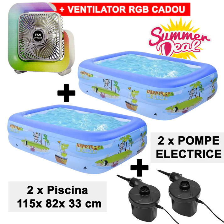 Pachet Promotional : 2x Piscina Copii + 2x Pompa Electrica  + Ventilator Colorat Cadou