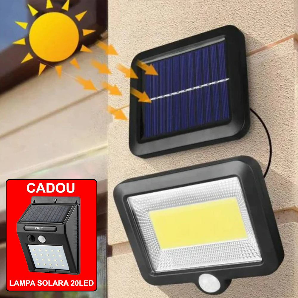 Lampa Cu Incarcare Solara, Cu Telecomanda si Senzor de Miscare, 100 LED COB + Lampa Cu Incarcare Solara 20 LED, CADOU