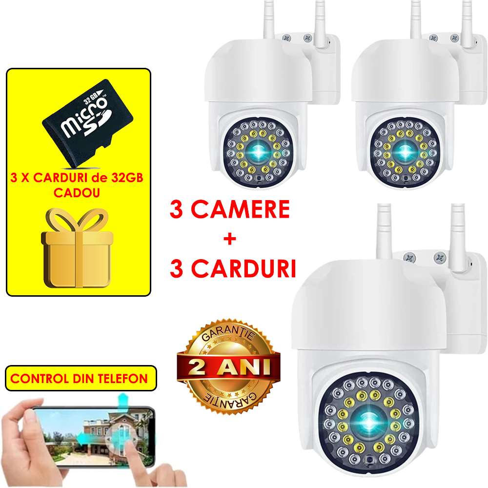 Set 3 Camere De Supraveghere Jortan JT8161QJ, Cu Senzor de Miscare, Conexiune Wifi, Vizualizare Live Pe Telefon + 3 Carduri 64 GB CADOU