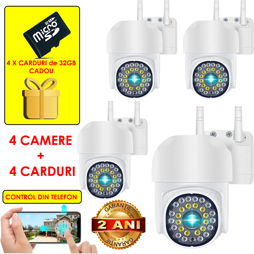 Set 4 Camere De Supraveghere Jortan JT8161QJ, Cu Senzor de Miscare, Conexiune Wifi, Vizualizare Live Pe Telefon + 4 Carduri 64 GB CADOU