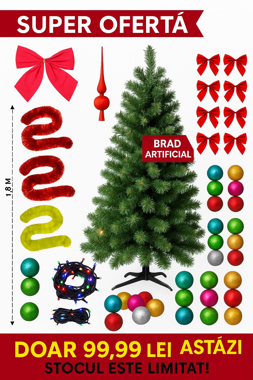 Brad Artifician De Craciun, Cu 45 De Accesorii Pentru Impodobit, 1.8 m Inaltime + Instalatie 10 m CADOU