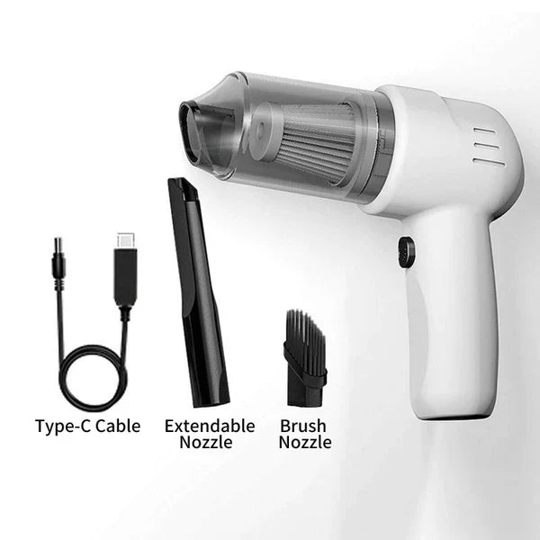 1+1 GRATIS: Mini Aspirator Portabil Pentru Masina, Reincarcare la USB  + 3 Capete De Aspirare Diferite