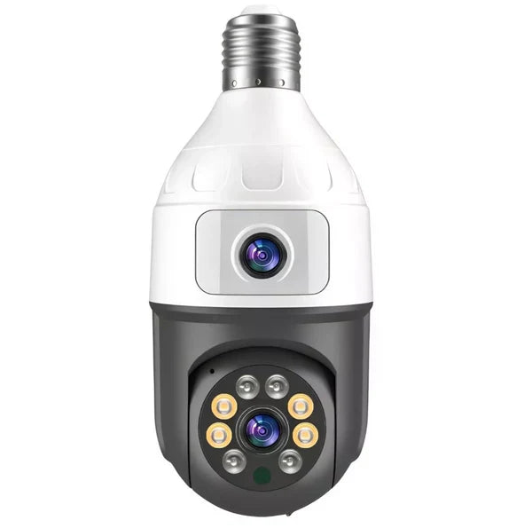 Camera Inteligenta De Supraveghere, cu 2 Lentile, Tip Bec, Conexiune Wifi, Aplicatie Telefon si Microfon Incorporat + Card 32GB Cadou