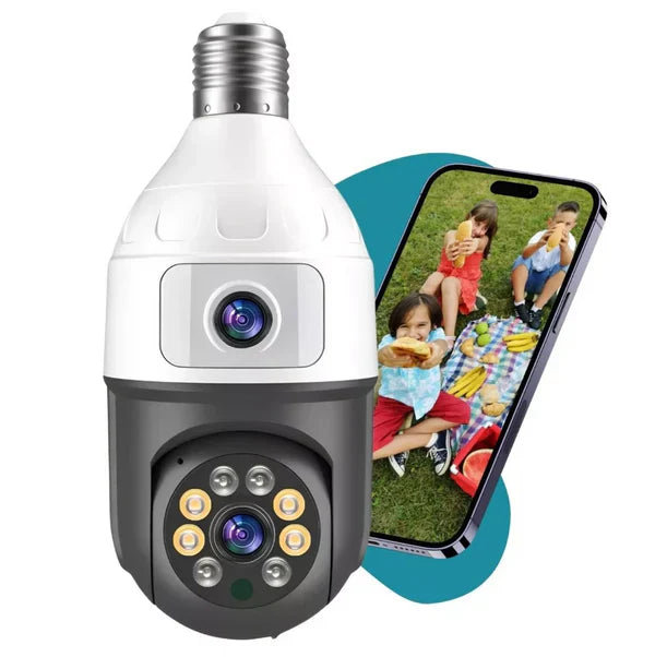 Camera Inteligenta De Supraveghere, cu 2 Lentile, Tip Bec, Conexiune Wifi, Aplicatie Telefon si Microfon Incorporat + Card 32GB Cadou