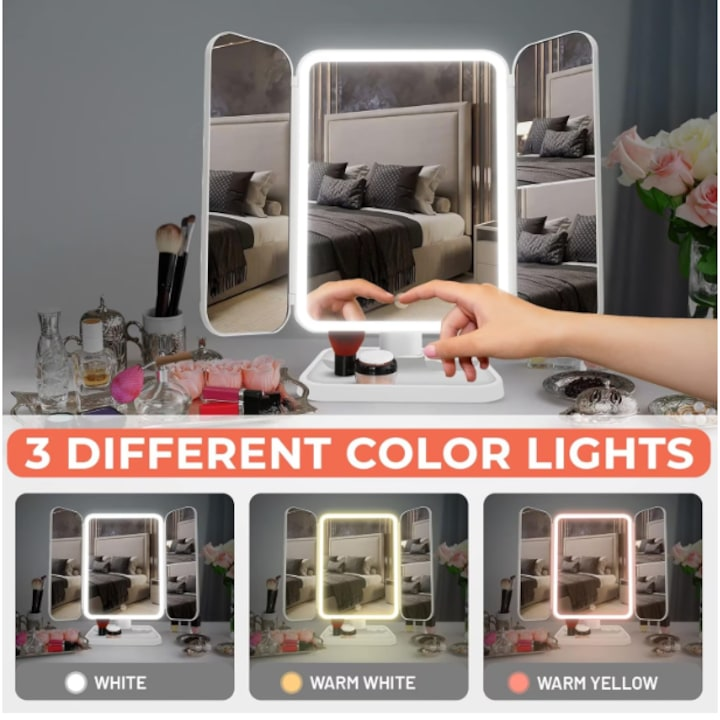 Oglindă Profesională pentru Machiaj cu LED, Zoom 2X/3X/10X, Intensitate Reglabilă, USB