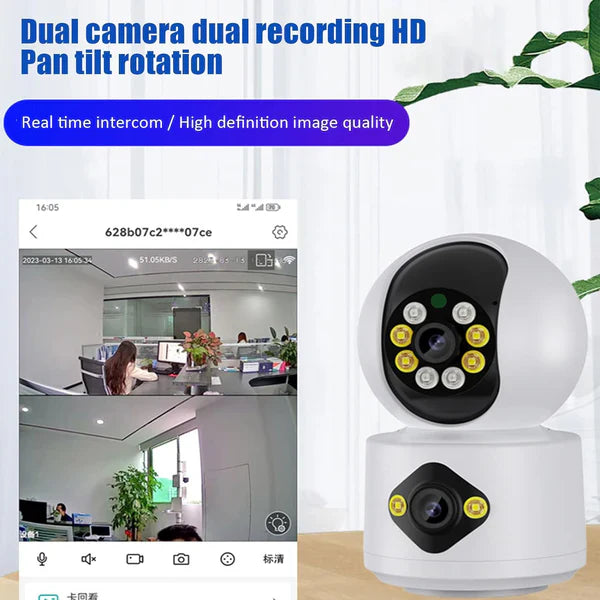 Camera De Supraveghere, Full HD, Conexiune WIFI, 2 Lentile, Senzor de Miscare, Cu Difuzor si Microfon, Rotire 360°