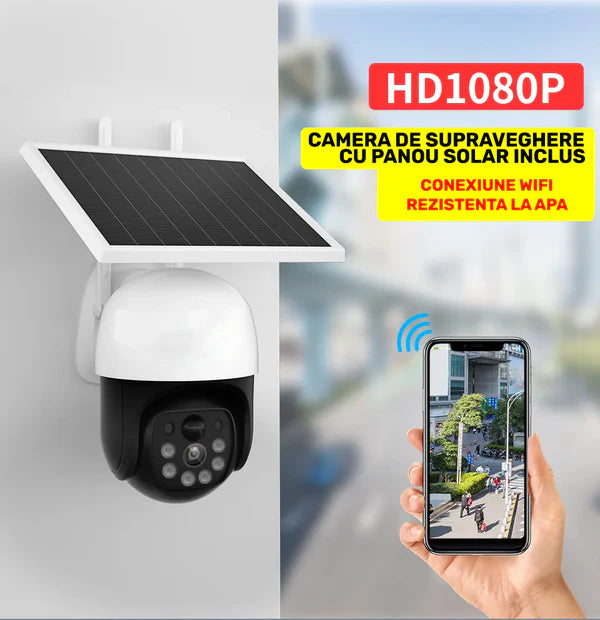 Camera de Supraveghere WiFi, Solara, Cu Acumulatori, Pentru Exterior, Vedere de Noapte, Grad Protectie Apa IP66, 2 Antene + card 32GB CADOU
