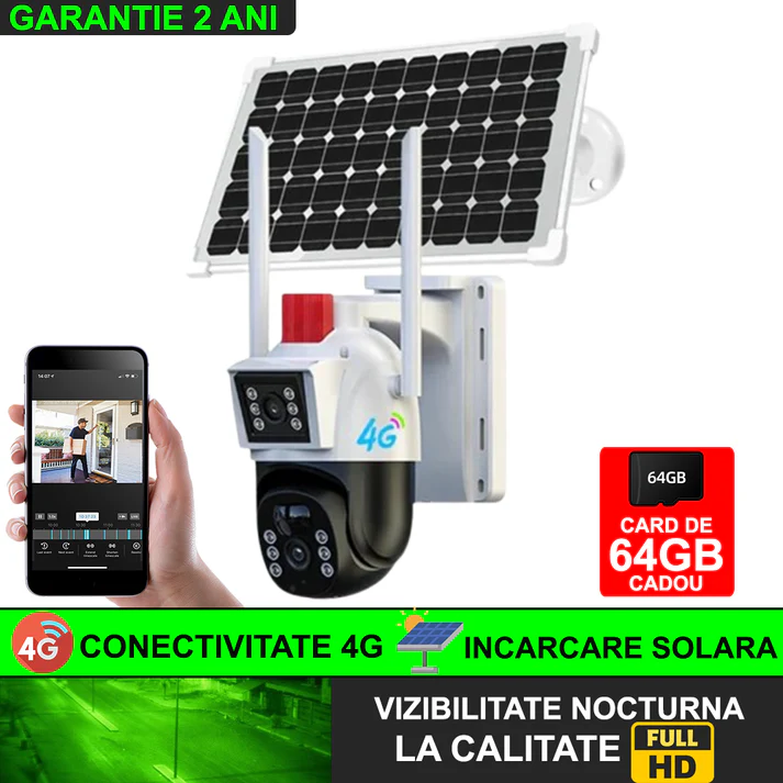 Camera De Supraveghere Smart, Cu Slot Cartela SIM si Incarcare Solara, 2 Zone de Filmare, Senzor De Detectie Miscare, Functie Night Vision+ CARD 64 GB CADOU