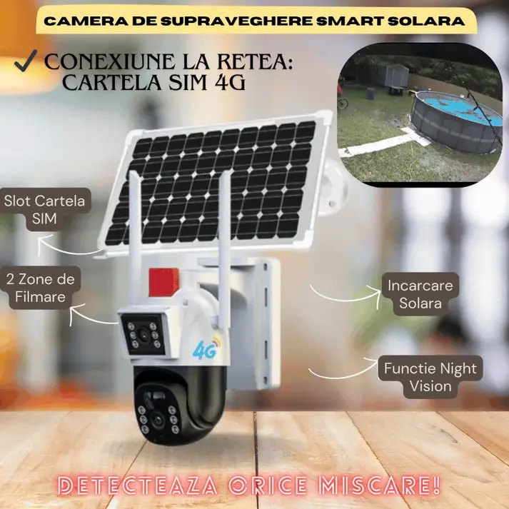 Camera De Supraveghere Smart, Cu Slot Cartela SIM si Incarcare Solara, 2 Zone de Filmare, Senzor De Detectie Miscare, Functie Night Vision+ CARD 64 GB CADOU