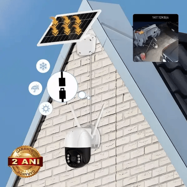 Camera de Supraveghere WiFi, Solara, Pentru Exterior, Vedere de Noapte, Grad Protectie Apa IP66, 2 Antene