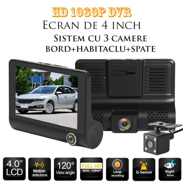 Camera auto TRIPLA Full HD cu monitor de 4 INCH pentru bord si unghi larg de filmare de 170 grade + Card 64GB