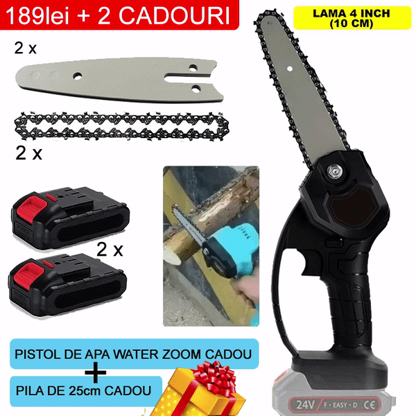 Pachet PROMO: Mini Fierastrau Electric Cu Acumulatori 24V, 2x Baterie + 2x Lant + 2x Lama, 4 Inch + CADOU Water Zoom