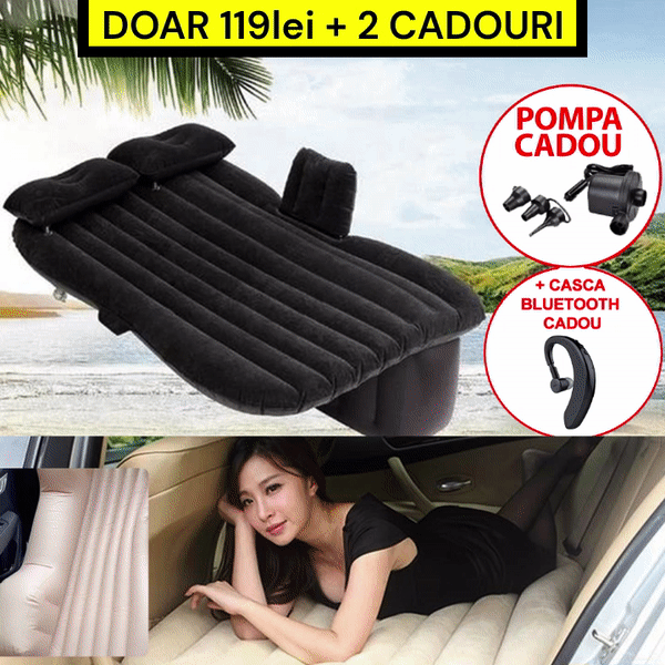 PACHET PROMO: Saltea Gonflabila Pentru Masina, Usor De Umflat, 2 Perne Incluse + CADOU Pompa De Umflat + CADOU Casca Bluetooth
