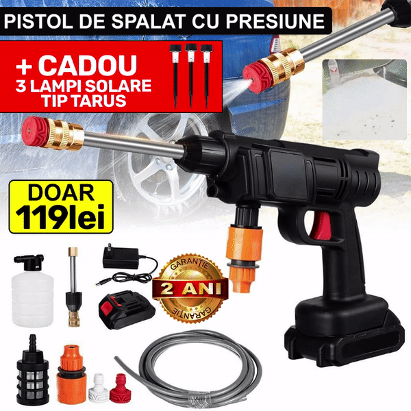 Pachet PROMO: Pistol presiune 8l/min acumulator 48V + CADOU 3 x Lampi Solare