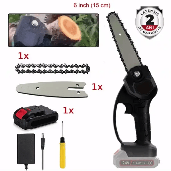Pachet Promotional: Mini Fierastrau Electric Cu Acumulator, 24V, Cu 1x Baterie + 1x Lant + 1x Lama, 6 Inch, Negru