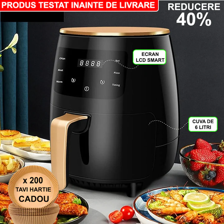 Friteuza Fara Ulei, Cu Aer Cald, Functie de Coacere, Putere 2400 W, Capacitate 6 litri  + 200 x Hartii Copt + CARTE DE RETETE CADOU