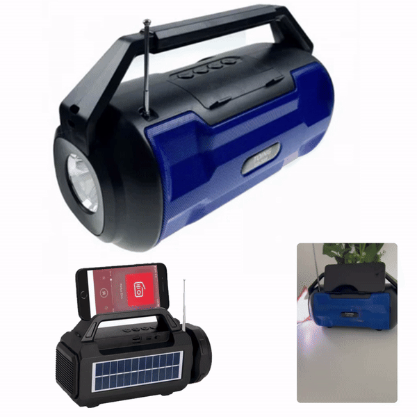Boxa Portabila cu Radio FM, Lanterna, Incarcare Solara sau La Curent, Lumini RGB, Suport Card, Port USB