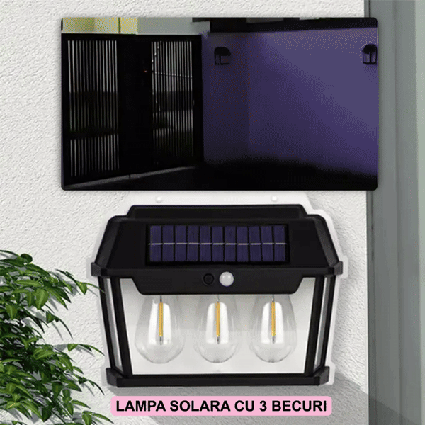 Lampa Solara De Perete Cu 3 Becuri LED, Cu Senzor de Miscare si Lumina, 3 Moduri de Iluminare, Rezistenta la Apa