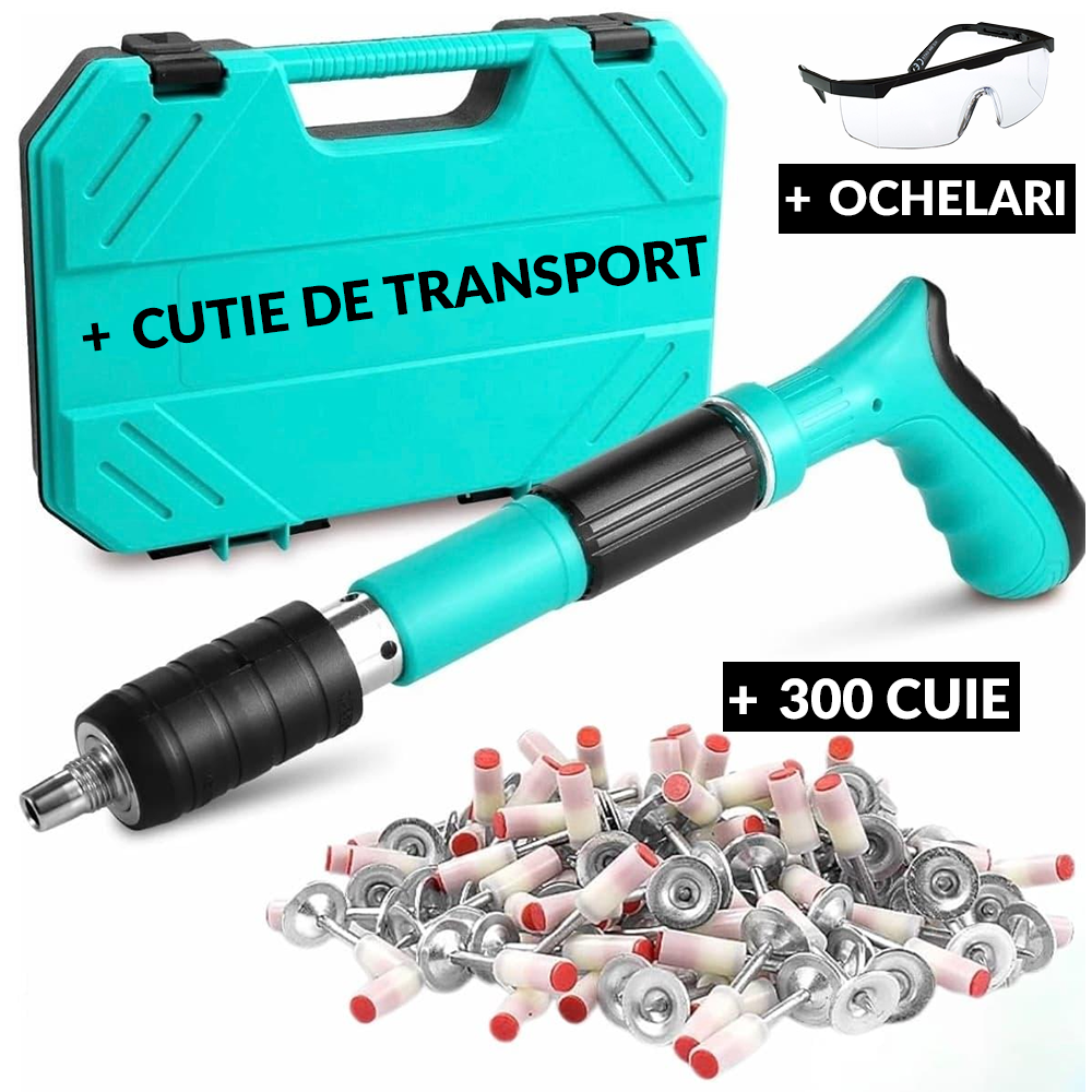 Pistol Manual Pentru Fixarea Cuielor Pe Perete  Lungime 30 cm, Calibru 7.3 cm, Pneumatic + Accesorii + Ochelari De Protectie + Cutie Transport + Set 300 Cuie CADOU