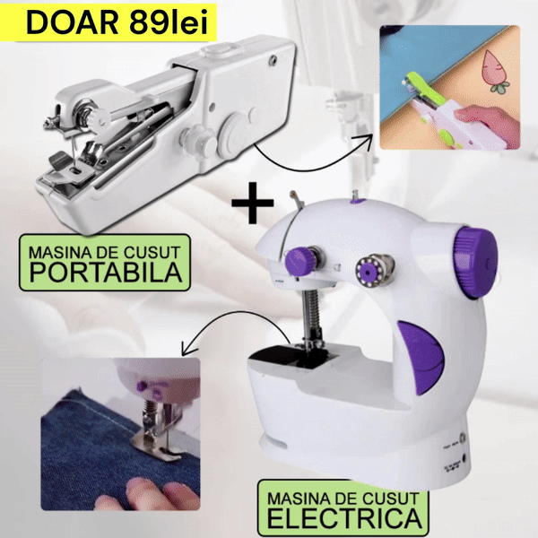 Pachet 1+1: Masina De Cusut Electrica, Viteza Reglabila, Pedala Inclusa + Mini Masina De Cusut CADOU