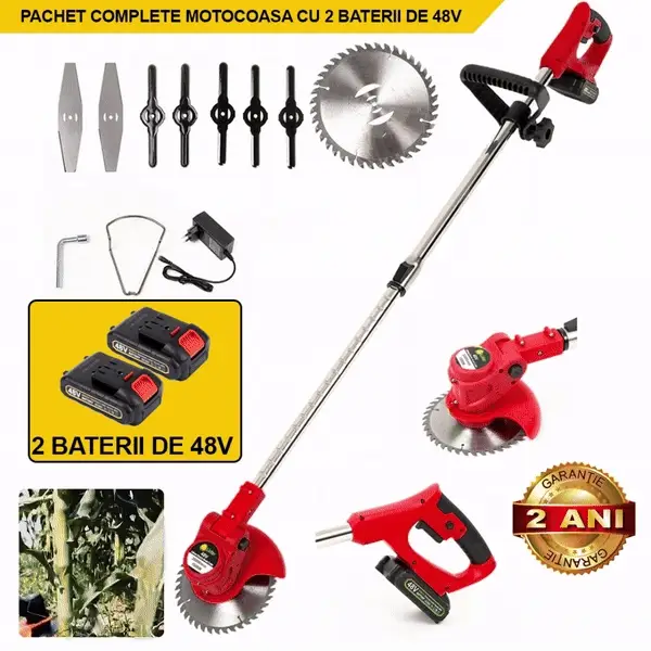 Motocoasa Portabila Cu 2 BATERII de 48V, Putere 800W, Cu Brat Extensibil, Pentru Gazon, 8 Lame Diferite