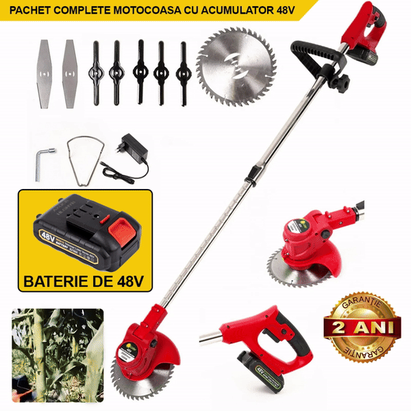 Motocoasa Portabila Cu 1 BATERIE de 48V, Putere 800W, Cu Brat Extensibil, Pentru Gazon, 8 Lame Diferite