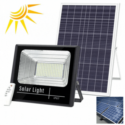1+1 GRATIS - Proiector LED Cu Panou Solar VELORA, 50W, Control Prin Telecomanda, Senzor Crepuscular + Accesorii