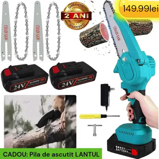 Lichidare STOC: Mini Fierastrau Electric Cu Acumulatori 24V, 2x Baterie + 2x Lant + 2x Lama, 6 Inch + CADOU pila 25cm + GEANTA de depozitare
