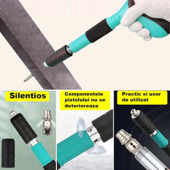 Pistol Manual Pentru Fixarea Cuielor Pe Perete  Lungime 30 cm, Calibru 7.3 cm, Pneumatic + Accesorii + Ochelari De Protectie + Cutie Transport + Set 300 Cuie CADOU