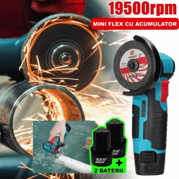 Mini Polizor Unghiular Electric cu 2 Acumulatori si 6 Discuri,Flex Portabil, 12V, Disc 76MM