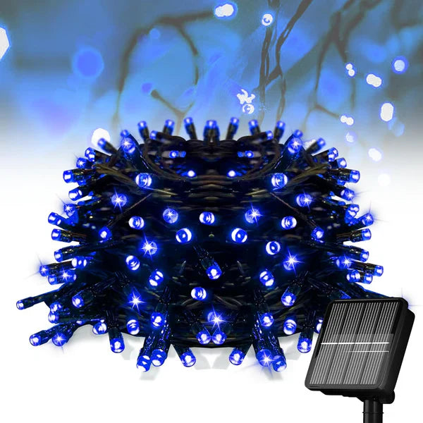 1+1 GRATIS: Instalatie De Craciun, Cu Incarcare Solara, LED-uri Mari, Rezistente La Intemperii, 20m, Albastru