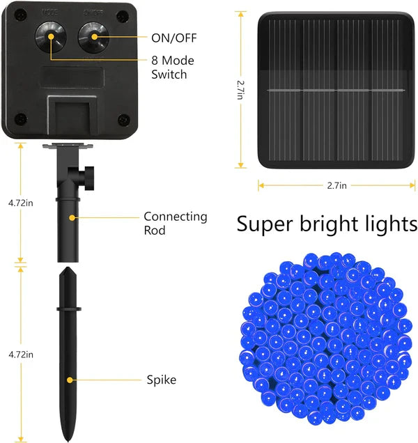1+1 GRATIS: Instalatie De Craciun, Cu Incarcare Solara, LED-uri Mari, Rezistente La Intemperii, 20m, Albastru
