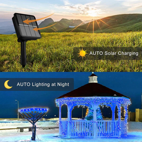 1+1 GRATIS: Instalatie De Craciun, Cu Incarcare Solara, LED-uri Mari, Rezistente La Intemperii, 20m, Albastru