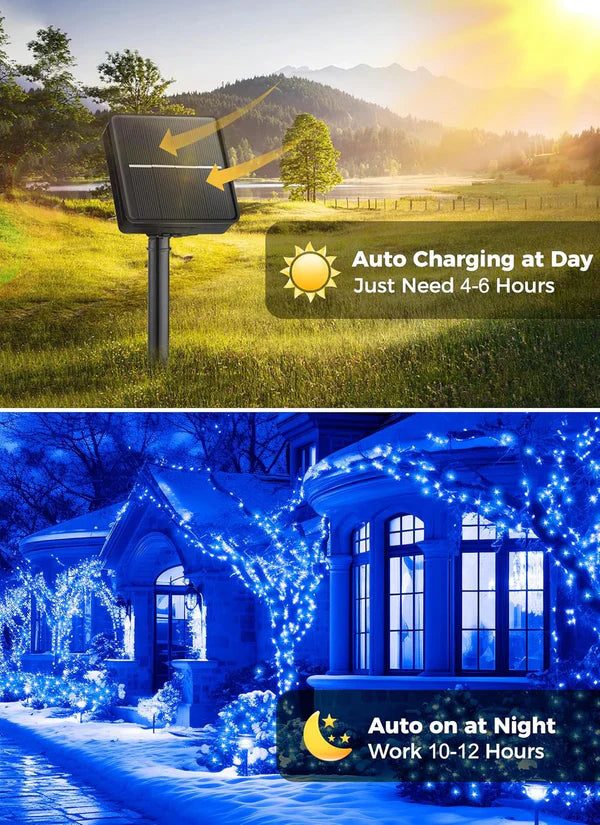 1+1 GRATIS: Instalatie De Craciun, Cu Incarcare Solara, LED-uri Mari, Rezistente La Intemperii, 20m, Albastru