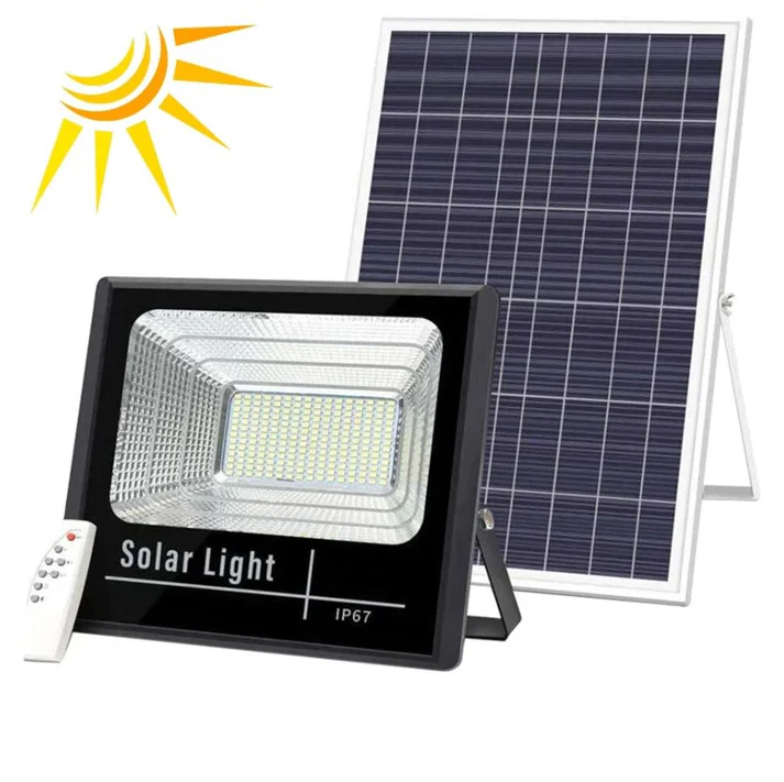 1+1 GRATIS: Proiector LED Cu Panou Solar VELORA, 100W, Control Prin Telecomanda, Senzor Crepuscular + Accesorii+Lampa Solara 100x Led CADOU