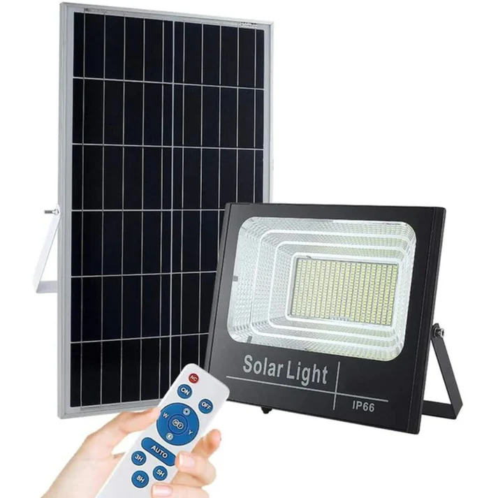 1+1 GRATIS: Proiector LED Cu Panou Solar VELORA, 100W, Control Prin Telecomanda, Senzor Crepuscular + Accesorii+Lampa Solara 100x Led CADOU