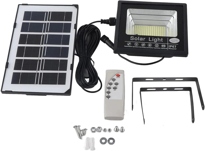 1+1 GRATIS: Proiector LED Cu Panou Solar VELORA, 100W, Control Prin Telecomanda, Senzor Crepuscular + Accesorii+Lampa Solara 100x Led CADOU
