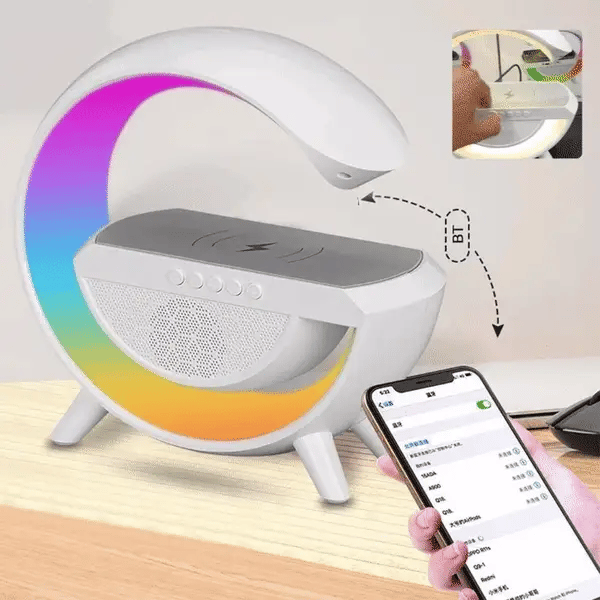 Statie 3 in 1 cu Lumina Ambientala RGB, Boxa Bluetooth si Incarcare Wireless Pentru Telefon, Alb