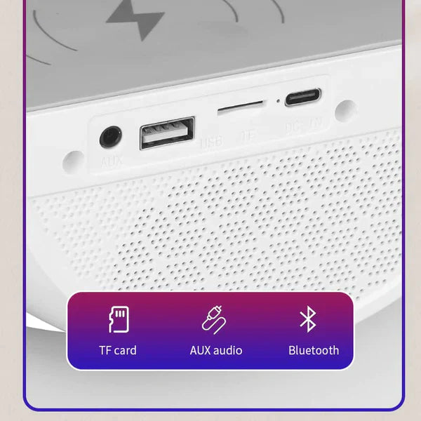 Statie 3 in 1 cu Lumina Ambientala RGB, Boxa Bluetooth si Incarcare Wireless Pentru Telefon, Alb