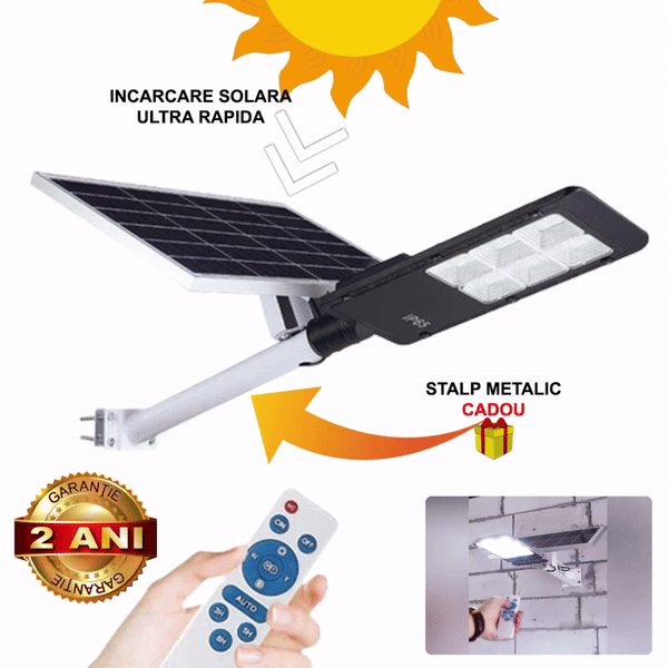 Lampa Solara Cu Stalp Metalic, Iluminare Puternica, 300W, Control Din Telecomanda, Rezistent La Intemperii