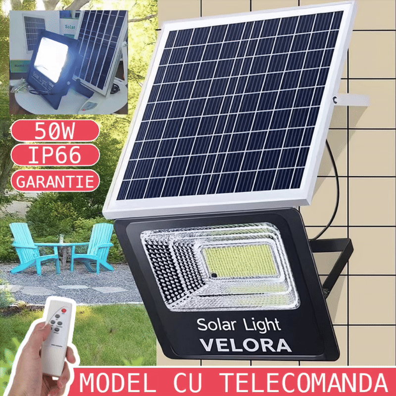 1+1 GRATIS - Proiector LED Cu Panou Solar VELORA, 50W, Control Prin Telecomanda, Senzor Crepuscular + Accesorii+Lampa Solara 100x Led CADOU
