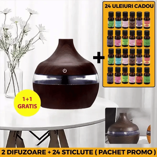 1+1 GRATIS: Difuzor Aromaterapie Cu Ultrasunete Si Umidificator Cu LED, 300 ml, Wenge + 12 uleiuri CADOU